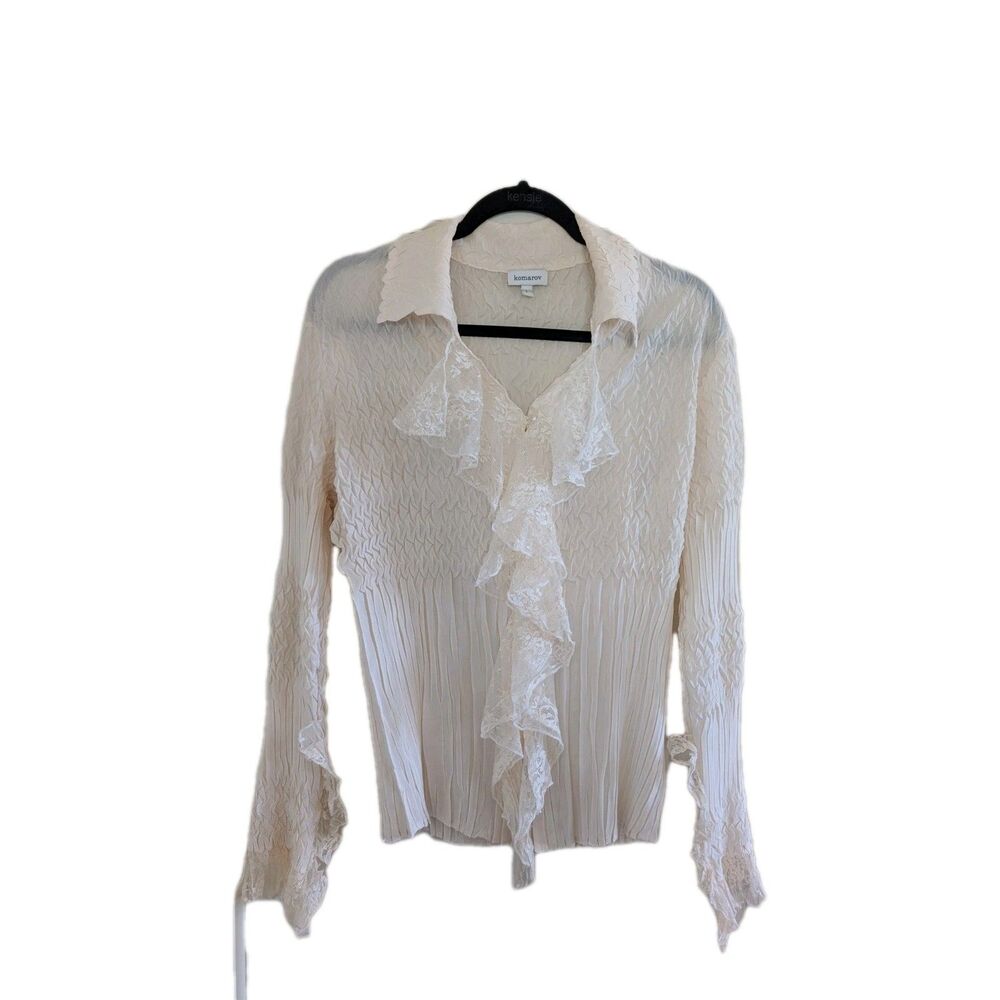 Komarov Off White Plisse Crinkled Lace Button Down Blouse L Romantic Fairy